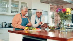 Tablet, cooking and scroll with old couple in kitchen for bonding, food blog tutorial and ingredient list. Online recipe instruction, nutrition and lunch with senior man and woman in home for support - Powered by Shutterstock - Get 15% off with code: PIKWIZARD15