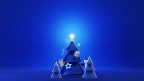 Horizontal Christmas New Year winter tree animation star ribbon gift ornament snowflake candy cane sparkle magic luxury blue golden metallic minimal festive December banner render 3D cone merry joy - Powered by Shutterstock - Get 15% off with code: PIKWIZARD15