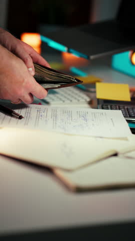 Hand wallet Polish money business documents Close-up hands holding wallet full Polish zloty bills above financial papers forms depicting cash handling business finance