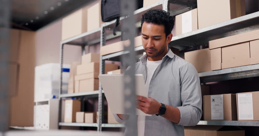 Inventory, man or writing on clipboard in logistics for stock control, quality assurance or shipping. Supply chain, person or counting boxes with checklist for storage management, WMS or distribution