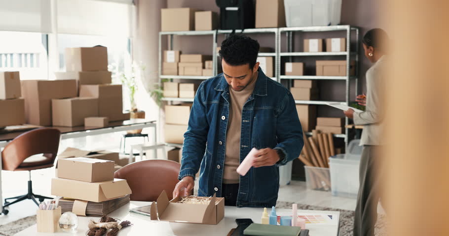 Man, logistics or packing with box for small business delivery, supply chain or courier service. Male person, entrepreneur or employee with parcel or package for online shipping order or distribution