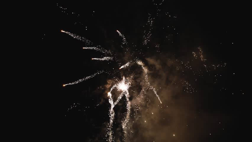 Golden Fireworks with Blue and Orange Stars Exploding in the Night Sky