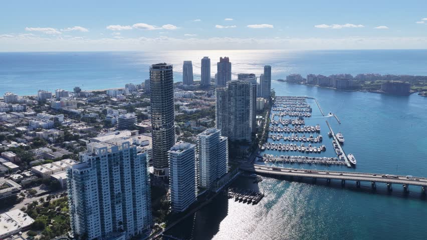 Miami Beach Skyline At Miami Beach In Florida United States. Stunning Cityscape. Beach Landscape. Highrise Buildings. Miami Beach Skyline In Florida United States. Nature Background.