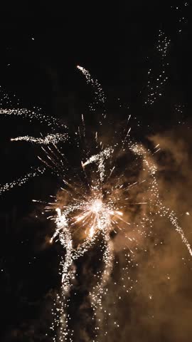 Golden Fireworks with Blue and Orange Stars Exploding in the Night Sky