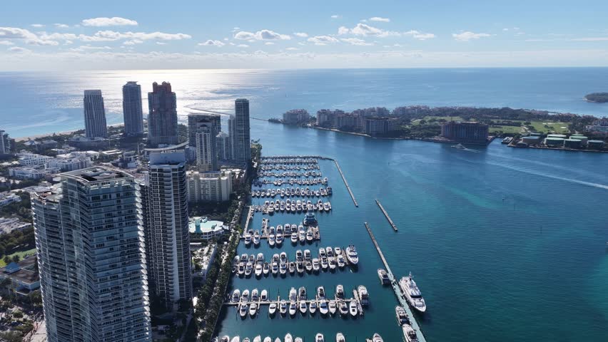 Miami Beach Skyline At Miami Beach In Florida United States. Beach Landscape. Downtown District. Travel Destination. Miami Beach Skyline In Florida United States. Nature Seascape.