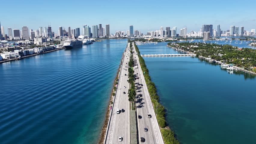 Miami Skyline At Miami In Florida United States. Stunning Cityscape. Beach Landscape. Highrise Buildings. Miami Skyline At Miami In Florida United States. Nature Background.