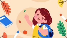 Animated cheerful schoolgirl waving hand with backpack against autumn background with school supplies and colorful leaves - Powered by Shutterstock - Get 15% off with code: PIKWIZARD15