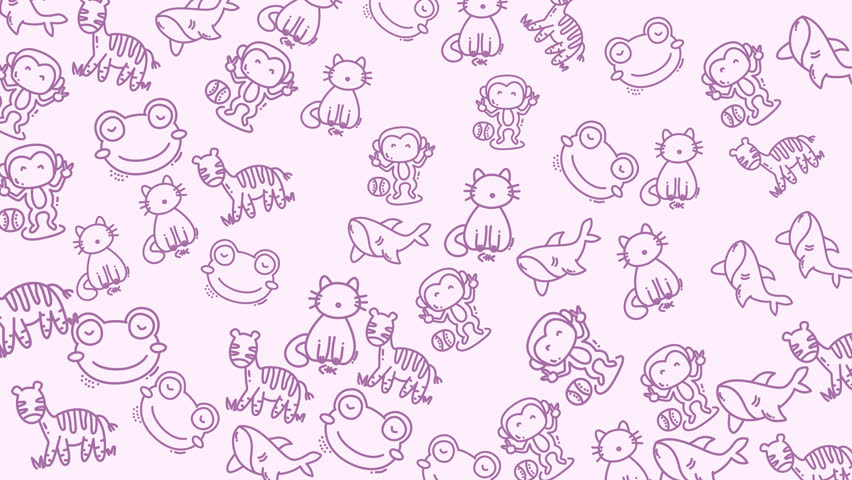 Create a seamless looping pastel doodle animation of a playful baby monkey juggling a small ball on a soft pink background - hand-drawn purple line art pattern tile, cute children-friendly