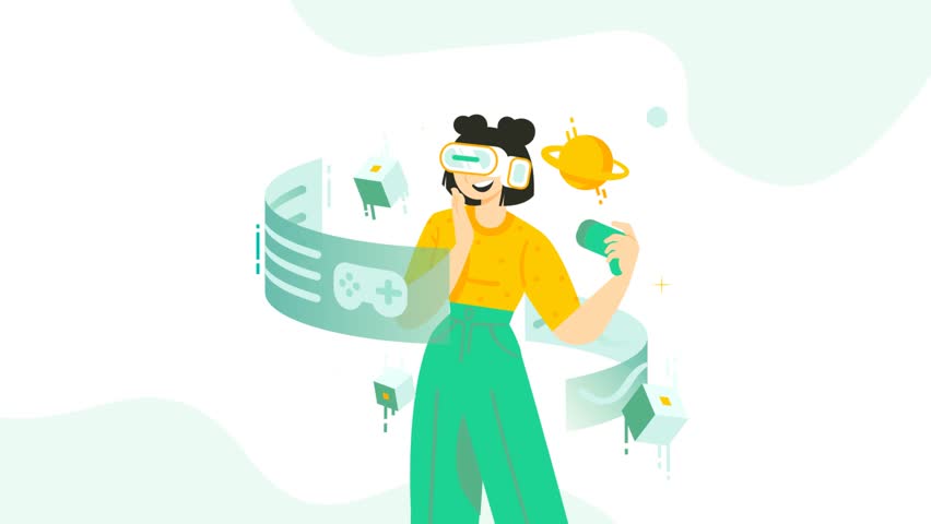 Girl in vr headset explores world and holding controller for immersive gaming. Vector graphics for tech, innovative, and simulation content. - Powered by Shutterstock - Get 15% off with code: PIKWIZARD15