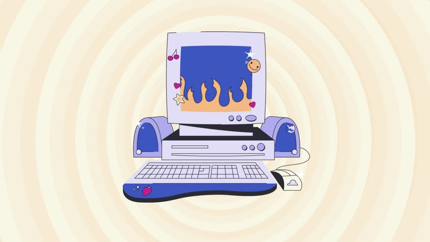 Old computer clip with flames, keyboard, mouse, cpu, and monitors with animated spiral cream background style.