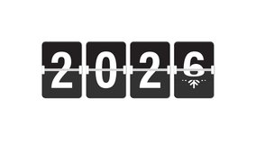 2026 Happy New Year Animated flip clock. Snowflakes transform into the year 2026, winter holiday countdown effect. Motion design of festive New Year transition and celebration. Alpha Channel - Powered by Shutterstock - Get 15% off with code: PIKWIZARD15