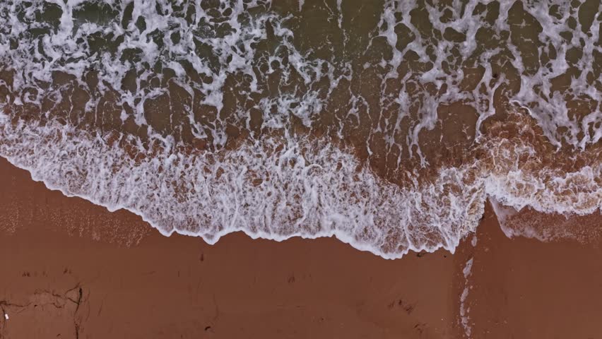 This aerial scene captures the beautiful sandy beach of Bulgaria, where gentle waves meet the shore. The shoreline is highlighted from above, showcasing nature
