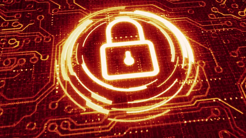 Sophisticated and detailed 3D motion graphic of an animated circuit board with stylised system lock element and the glitching message Cyber Security, in a hot orange and yellow color palette 4k