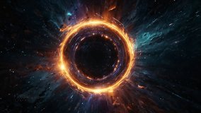 A very dramatic and colorful abstract black hole or stargate wormhole. The pitch-black core is surrounded by an intense, swirling ring of golden-orange glowing energy accretion. - Powered by Shutterstock - Get 15% off with code: PIKWIZARD15