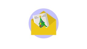 An animated illustration of a Christmas card with a festive tree design emerging from a yellow envelope - Powered by Shutterstock - Get 15% off with code: PIKWIZARD15