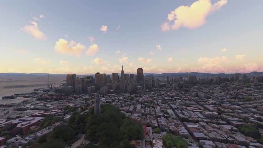 3D - Circular aerial shot at sunset of Telegraph Hill in San Francisco. California. United States