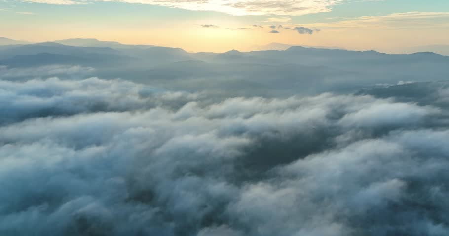 Aerial view of the mist in the sunrise sky is beautiful in the highlands of Da Lat, Vietnam