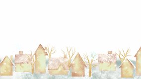 A winter townscape frame with snowflakes dancing. Watercolor loop animation with white background. - Powered by Shutterstock - Get 15% off with code: PIKWIZARD15