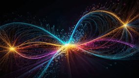 An abstract digital illustration featuring dazzling neon energy waves that glow in the dark. Colorful fiber optic lines—dominated by hues of light blue, golden yellow, magenta, and cyan—curve and twis - Powered by Shutterstock - Get 15% off with code: PIKWIZARD15