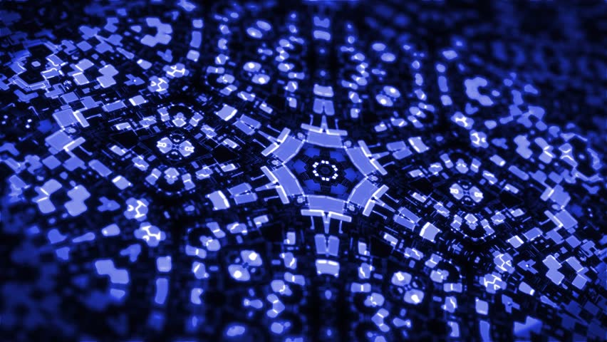 4k dark looped background with abstract symmetrical mechanism and neon light, DOF. Science fiction cyberpunk bg for show or events, exhibitions, festivals or concerts, VJ loop for night clubs 4k