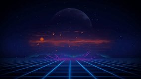 Clearance sale announcement features retro 80s style with glowing grid planet and neon colors for a vintage futuristic design. - Powered by Shutterstock - Get 15% off with code: PIKWIZARD15