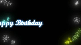 Happy birthday message is displayed with animated snowflakes and glowing decorative elements on a dark background creating a festive and celebratory mood perfect for sending birthday greetings during - Powered by Shutterstock - Get 15% off with code: PIKWIZARD15