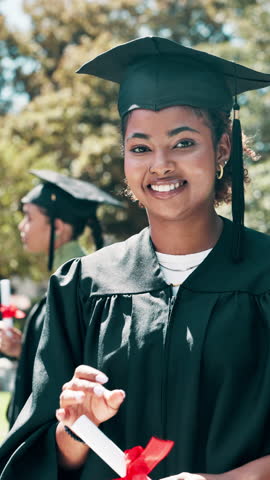 Face, woman and diploma for graduation, outdoor or university student with smile for academic growth. Laughing, person and ceremony for education milestone, scholarship and achievement at college