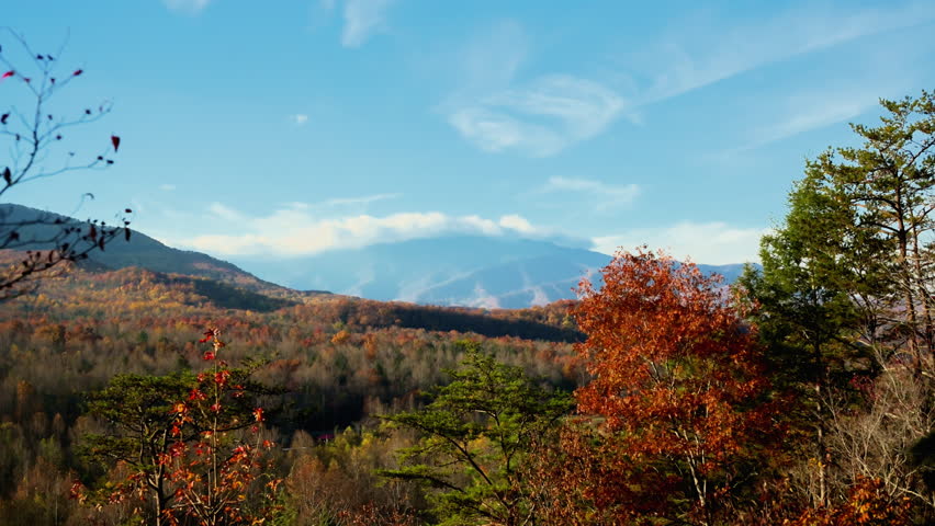 Peaceful view of the Great Smoky Mountains National Park with soft clouds rolling over the ridge. Distant blue mountains blend with the light blue sky