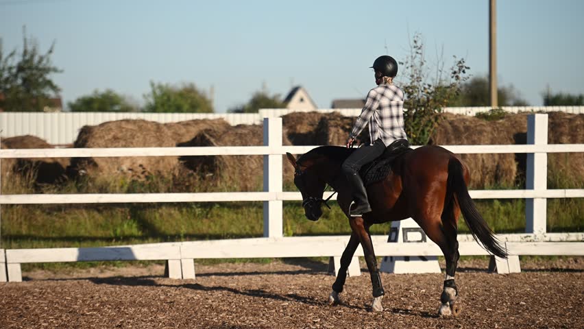 Female rider wearing riding helmet and equestrian gear gracefully rides bay horse during training session at outdoor riding arena on sunny day. Rider and horse partnership, equestrian sport