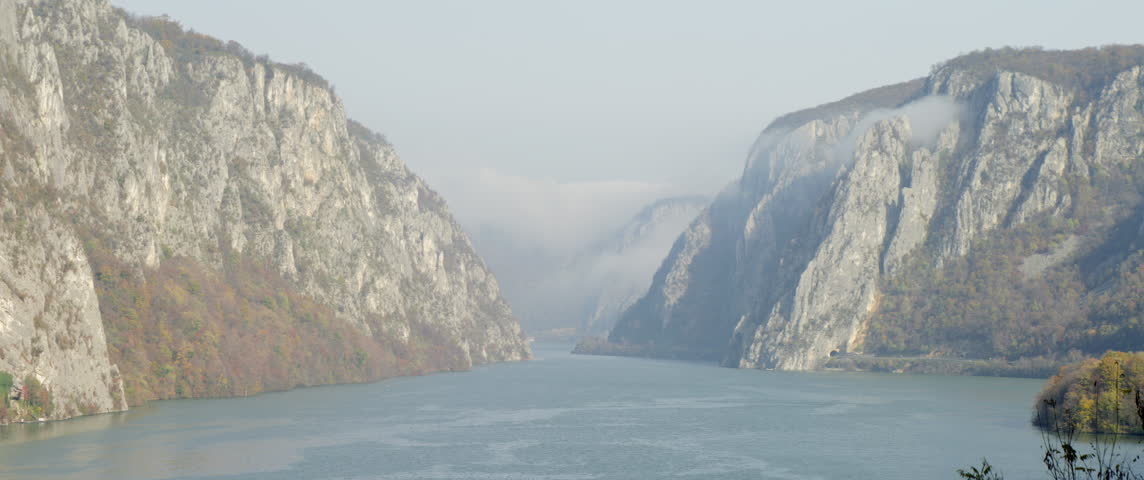 Foggy Iron gates canyon of Danube river 5.7K scope video