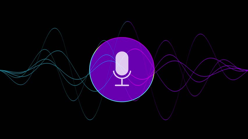 Voice search animation pulses sound waves around glowing mic. Audio wave with voice visualization. Sound assistants to life. Clean 12-second loopable 2D motion graphic explainer 2026 tech video clip