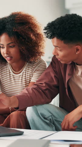 Laptop, couple and document for budget in home, mortgage application and savings. African man, woman and computer for financial discussion, asset management and writing on insurance paperwork