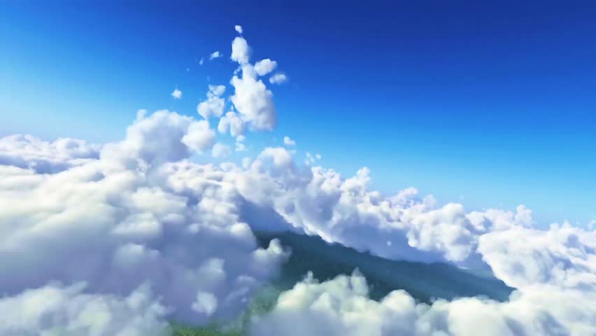 Flying above lush green mountains through beautiful white clouds under a clear blue sky