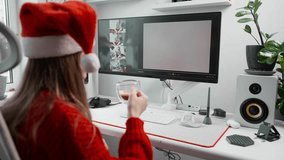 Female designer in red sweater holding coffee cup and working with AI art generator on computer. Festive Christmas atmosphere combined with creative technology and artificial intelligence projects. - Powered by Shutterstock - Get 15% off with code: PIKWIZARD15