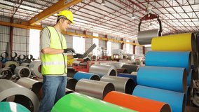 Factory Inspector at Work: A diligent factory inspector, equipped with protective gear, meticulously reviews data on a digital device amid a bustling factory environment. - Powered by Shutterstock - Get 15% off with code: PIKWIZARD15