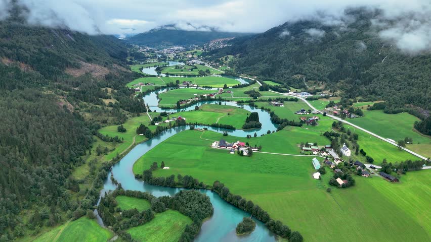 Explore the stunning aerial perspectives of Stryn, Norway.