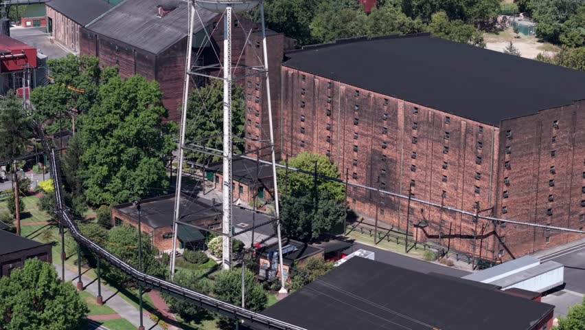 Buffalo Trace Whiskey Distillery Tower In Kentucky. Famous American Bourbon Whiskey Company, Rising Aerial Shot.