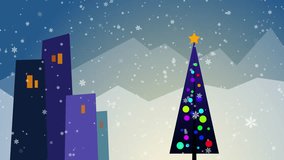 Christmas tree animation with falling snowflakes and urban city skyline creating a modern loopable xmas winter holiday background - abstract geometric festive scene - Powered by Shutterstock - Get 15% off with code: PIKWIZARD15