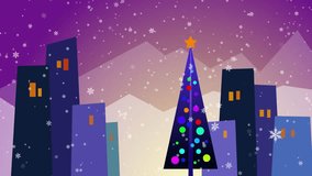 Christmas tree city flat vector animation featuring purple buildings and falling snowflakes in an urban winter landscape for modern holiday motion graphics - Powered by Shutterstock - Get 15% off with code: PIKWIZARD15
