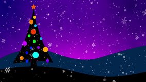 Christmas tree loopable animation with colorful round ornaments against falling snowflakes and purple gradient night sky for simple modern holiday xmas scene - Powered by Shutterstock - Get 15% off with code: PIKWIZARD15