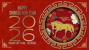 Chinese New Year 2026 theme with elegant gold horse animation inside ornate circular frame, red floral background, and glowing decorative accents. Ideal for greetings, promos, and festive visuals. - Powered by Shutterstock - Get 15% off with code: PIKWIZARD15