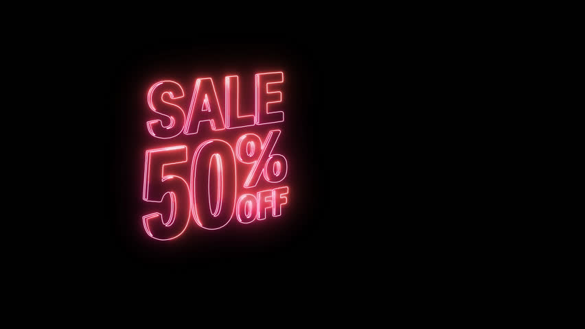 Minimal neon sale banner with 50% discount alongside simple outlined woman holding shopping bags.