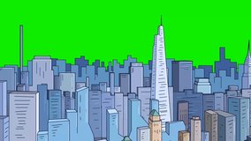 Cartoon City Skyline Background with Skyscrapers on Green screen, Parallax Camera movement left to right - Powered by Shutterstock - Get 15% off with code: PIKWIZARD15
