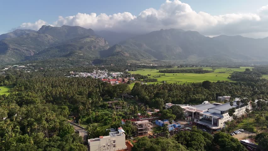 Descending aerial flight over dense vegetation in Tenkasi approaching residential area and mountains under morning sun.