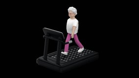 Senior woman walking on a treadmill. Mature female character with grey hair exercising on a treadmill, 3d render with alpha channel. - Powered by Shutterstock - Get 15% off with code: PIKWIZARD15