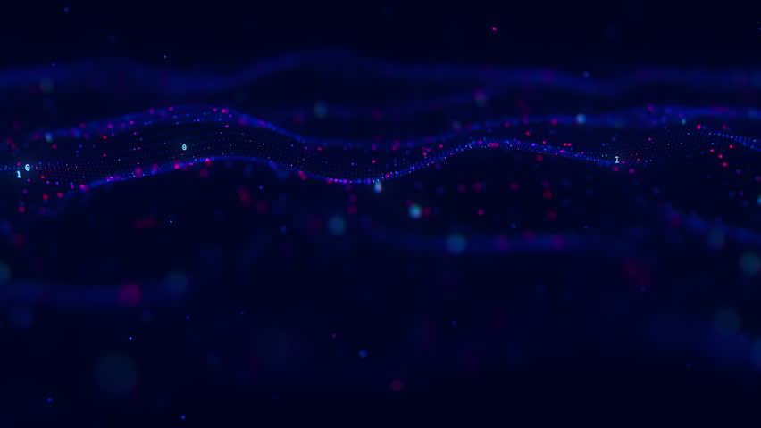 Futuristic technology wave motion with cloud data points. Digital cyberspace concept. Abstract digital wave with moving particles. Big data flow animation.