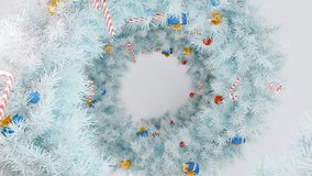 Decorative Christmas wreath made of pine needles with lollipops, miniature gifts and balloons. Suitable for use in holiday cards, advertising, decoration. 4K loop animation - Powered by Shutterstock - Get 15% off with code: PIKWIZARD15