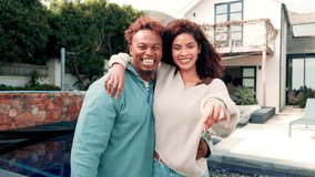 New home, happy and face of couple with keys for property purchase, investment and dream house. Homeowner, excited and portrait of people hug with keychain for moving, real estate or mortgage outdoor - Powered by Shutterstock - Get 15% off with code: PIKWIZARD15