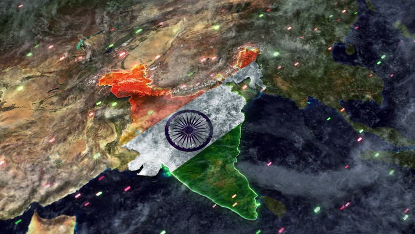 ashoka chakra independence day india flag glowing in world map celebration tricolor fireworks indian colors. Satelite map of India or Bharat or Hindustan with Flag and drawing area boundaries 3D 4K