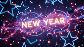 Neon Happy New Year 3D animation with glowing text, pulsing stars, glitter baubles, blinking garlands and flowing particles in dynamic festive motion, rhythmic loop. - Powered by Shutterstock - Get 15% off with code: PIKWIZARD15